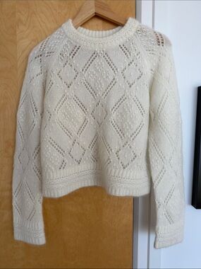 Sezane Ivory Openwork Diamond Knit Crewneck Sweater